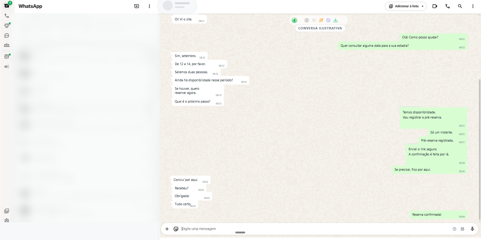 Conversa ilustrativa de fechamento no WhatsApp, com dados pessoais anonimizados